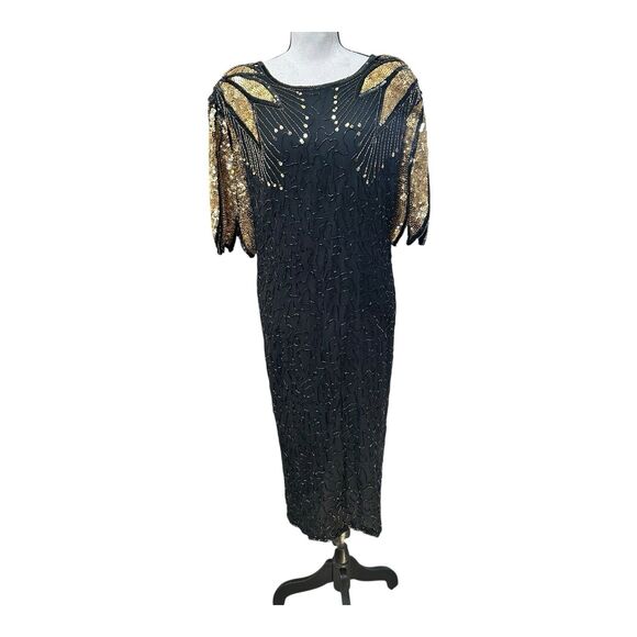 Vintage 100% Silk Hand Beaded Sequin Evening Dress Black Gold 26W Art Deco Glam - Picture 1 of 16